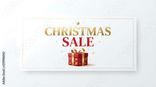 Christmas Sale Banner with Gold Text, Red Gift Box and Snowflake Icons on White Background