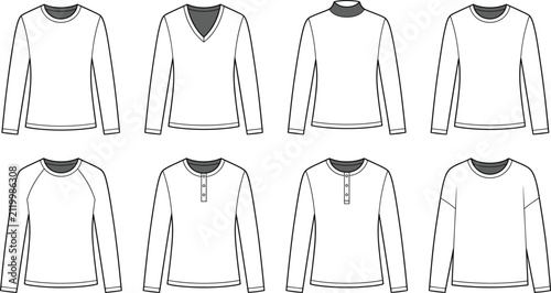 Foto Minimalist flat color vector set of long sleeve shirts including henley raglan v