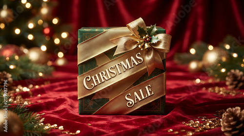 Gift Box Wrapped with Golden Ribbon Reading Christmas Sale on Red Velvet with Christmas Tree