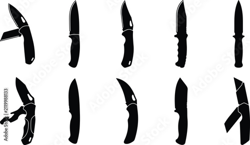 Set of various black pocket, hunting, and utility knife silhouettes isolated on white