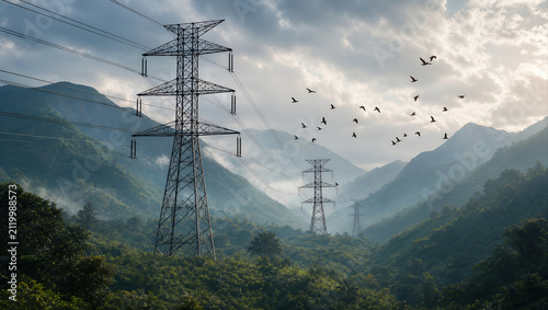 Power line electricity mountain valley forest morning mist bird migration landscape Tranquil morning mountain valley with power line tower