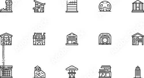 Bild auf Leinwand Modern urban architecture and diverse building types outline icon set featuring