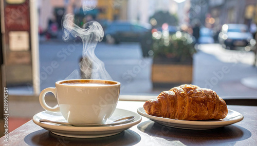 Foto Steaming hot cup of coffee and fresh croissant on table near cafe window with cr