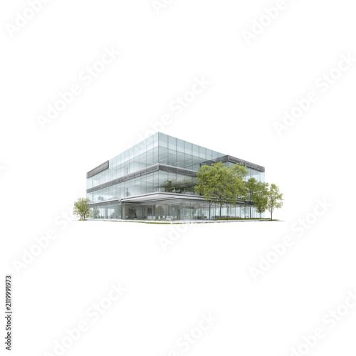 Modern Glass Office Building with Contemporary Corporate Architecture and Green Landscape Isolated on Transparent Background