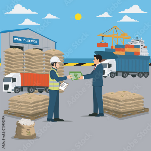 Business industry export and import rice transaction paper money euro 	
