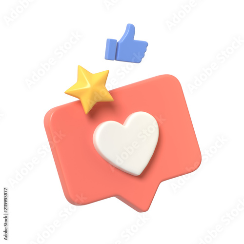 Vibrant 3D rendering of social media notification icons: a heart in a speech bubble a star and a thumbs-up symbolizing engagement.3d render