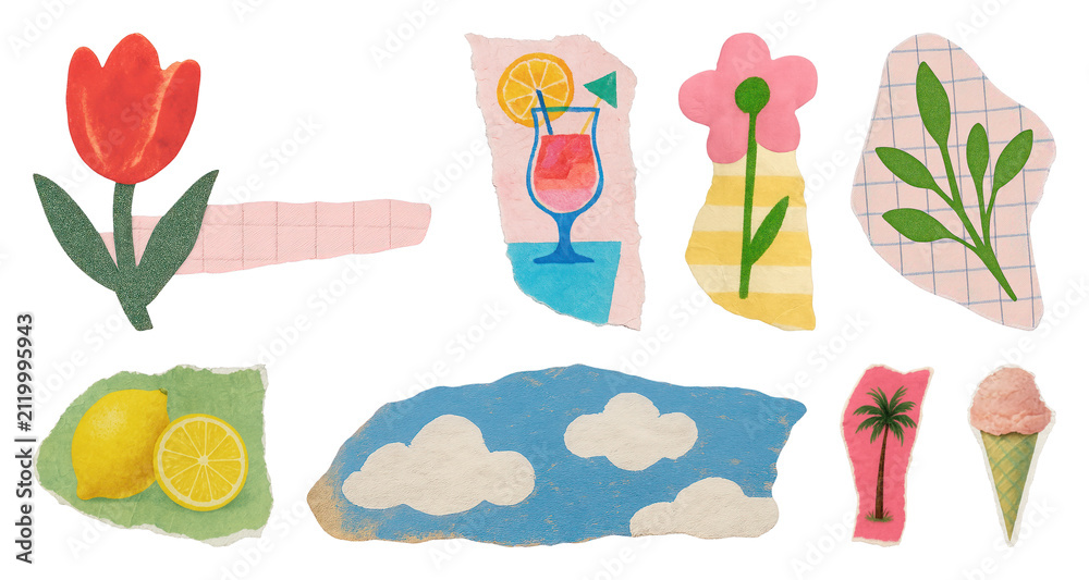 Fototapeta premium PNG Cute hand drawn summer collage of flowers, drinks, fruit, and clouds, transparent background