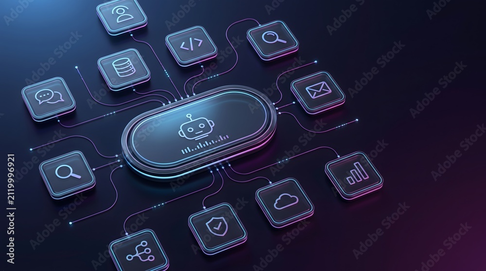 Naklejka premium AI chatbot interface with connected service icons