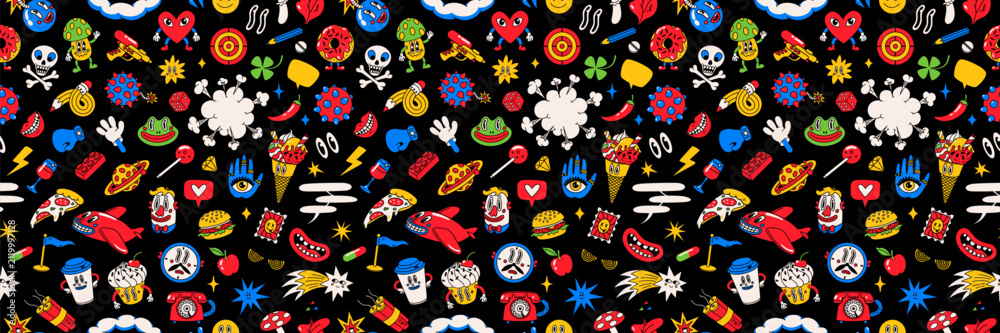 Naklejka premium Cartoon pattern with pop art food and doodles