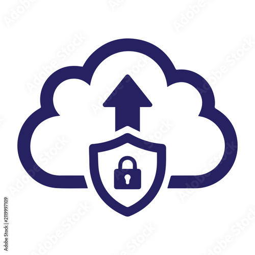 Cloud icon featuring an upward arrow and a shield with a padlock represents secure data storage and information protection in digital networks.