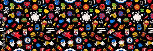Cartoon pattern with pop art food and doodles