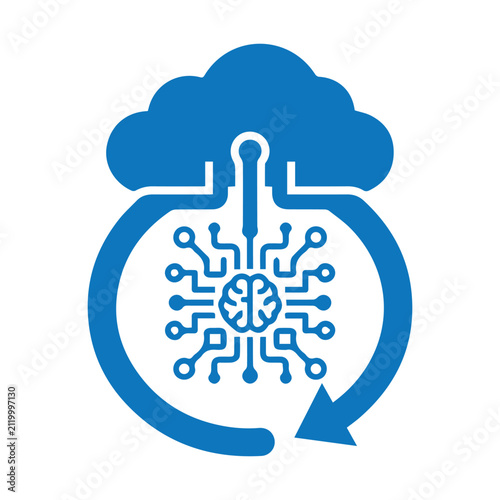 Cloud computing icon incorporating a central brain and circuitry signifies artificial intelligence data storage.