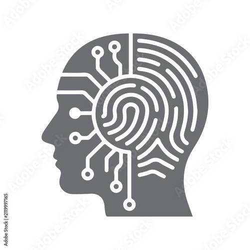 Human head profile integrated with a fingerprint and circuit lines depicts biometric identification technology.