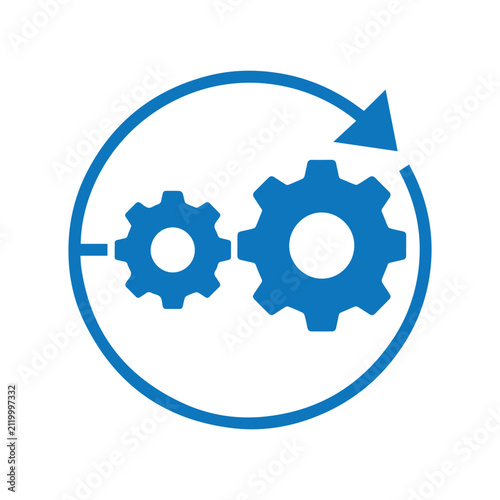 Gear mechanism inside a circular arrow frame symbolizes continuous industrial workflow and operational efficiency.