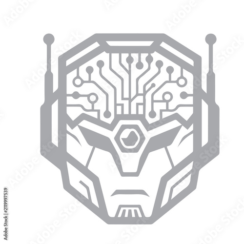 Robot head featuring a complex circuit board pattern is displayed as a simple gray icon on a white background.