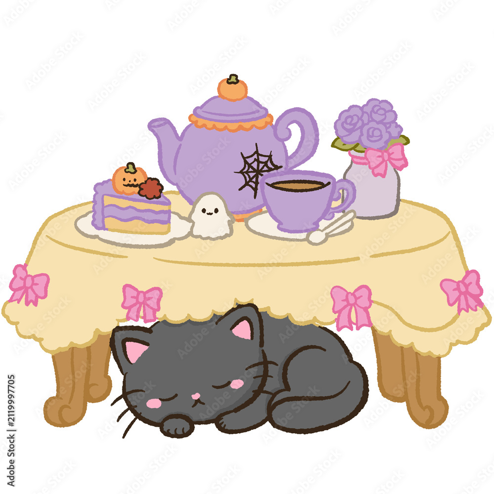 Fototapeta premium Cute Kawaii Chibi Black Cat Sleeping Beneath a Haunted Tea Table with Purple Teapot Ghost Cake Cozy Halloween Clipart Illustration