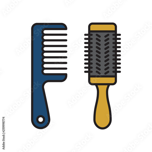 Hair comb and round hairbrush line icons set