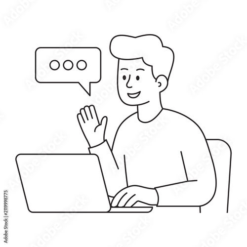 Smiling man waving hand during video conference call outline graphics