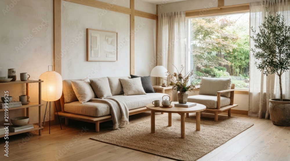 Fototapeta premium Comfortable living room interior design with natural elements and soft lighting