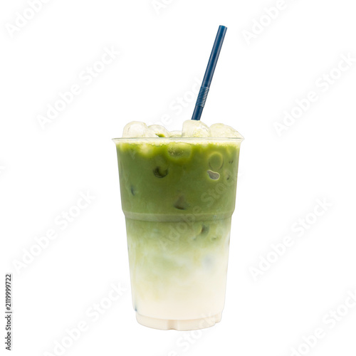 Ice of milk matcha green tea in plastic cup isolated white background.