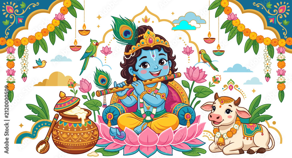 Naklejka premium Cute baby krishna playing flute with cow and butter pot for janmashtami
