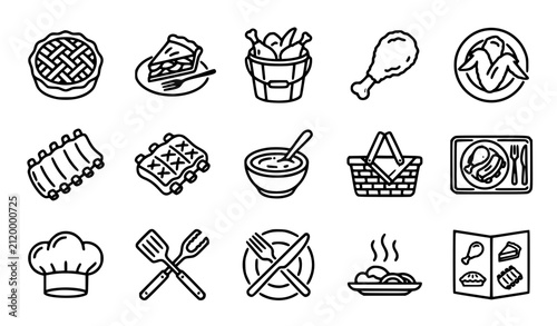 Obraz na płótnie American Comfort Food and BBQ Icon Set Featuring Fried Chicken Pie Pork Ribs Pic