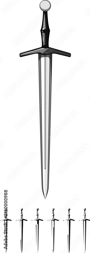 Obraz premium battle medieval sword cartoon. steel sharp, knife knight, old handle battle medieval sword sign colorful illustration