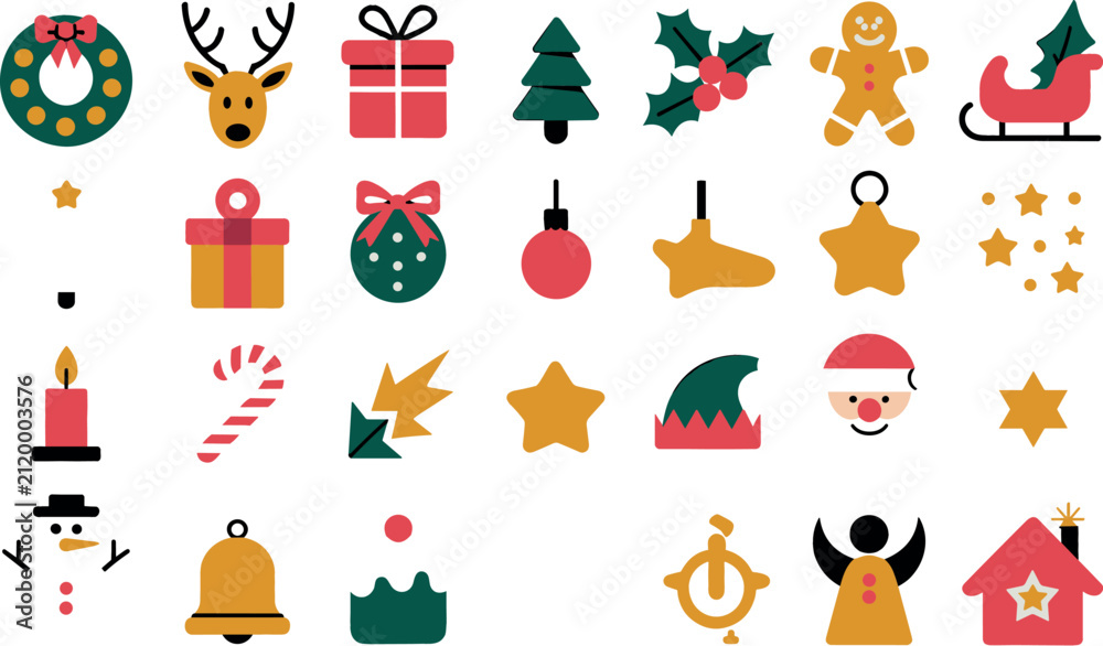 Fototapeta premium Christmas Holiday Flat Vector Icon Set with Reindeer Santa Claus Snowman Gingerbread Man Sleigh and Traditional Winter Celebration Elements