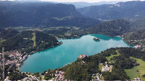 Wide aerial view of Lake Bled, Castle, Island and surrounding valley, Slovenia