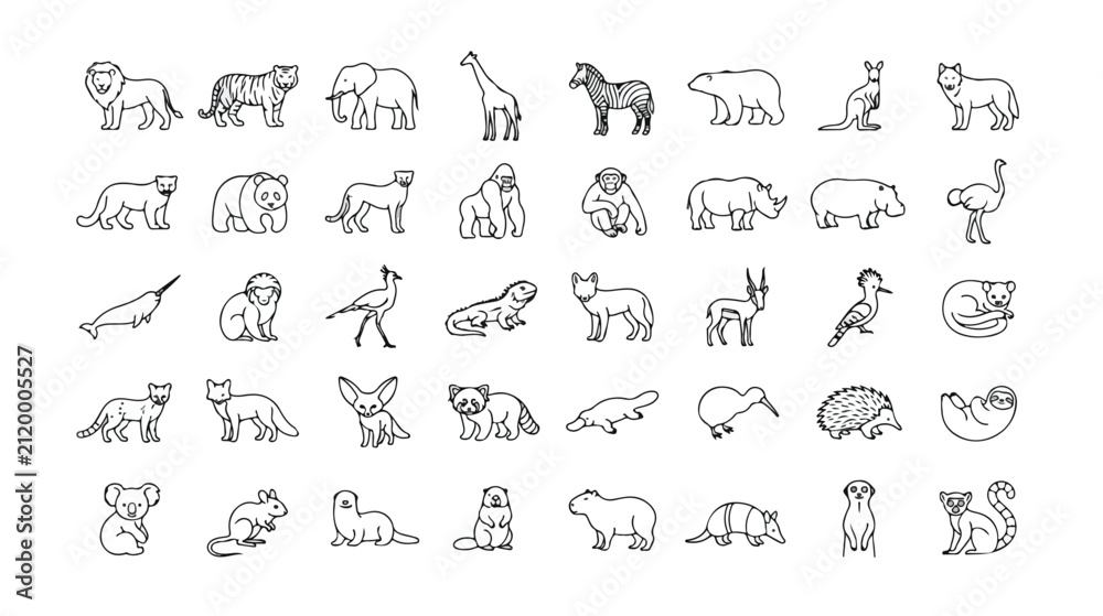 Obraz premium Minimalist animal icons set, 40 wild animal line art vector illustrations, simple black outline zoo and safari wildlife symbols for educational design