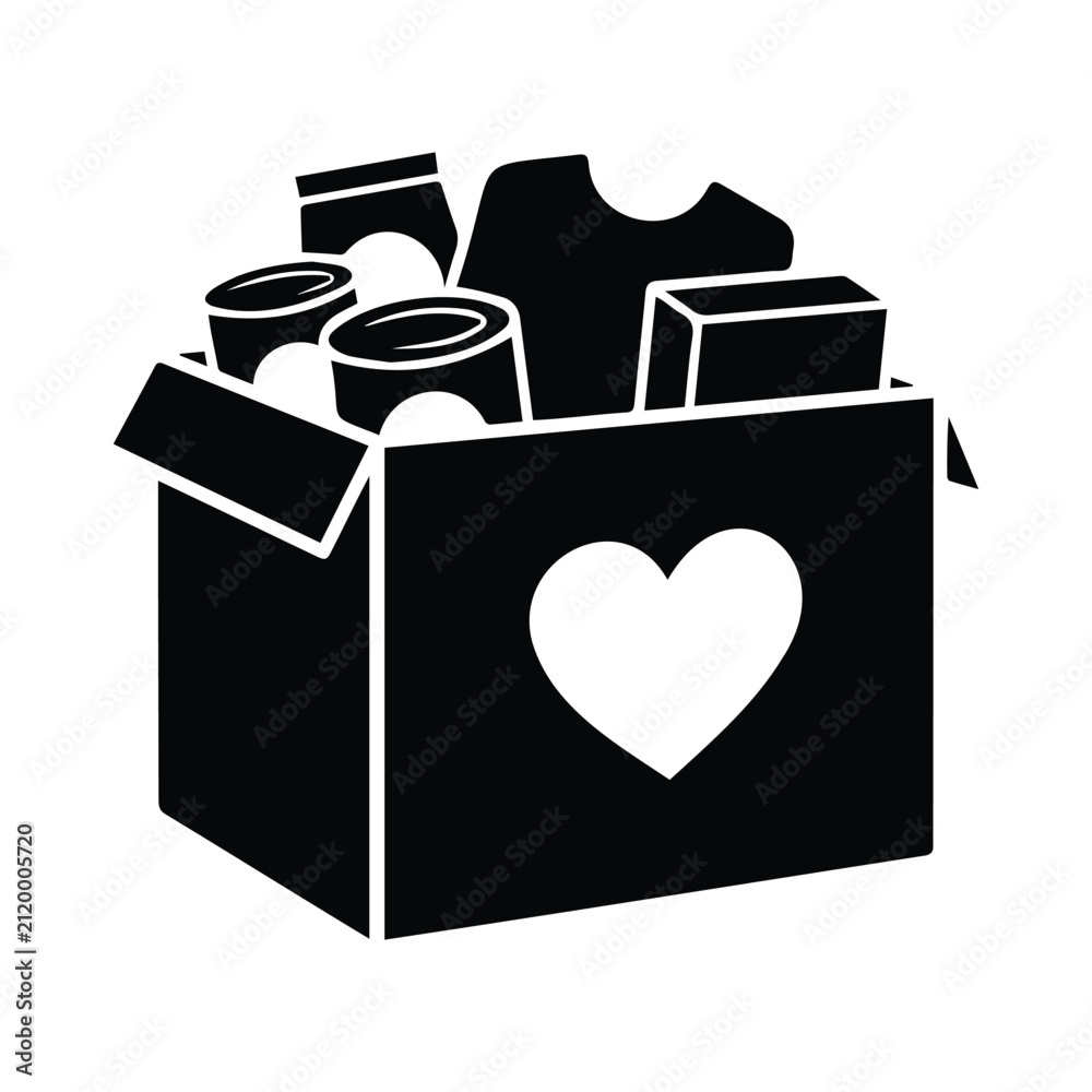 Fototapeta premium Donation box with heart symbol filled with canned food t-shirt and goods for charity.