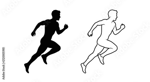 Running man silhouette and outline drawing on a white background silhouette
