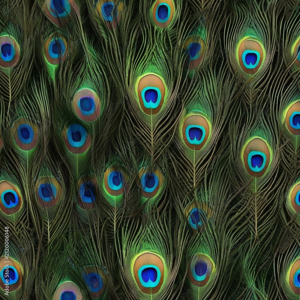 Obraz premium Close-up of overlapping peacock feathers with vibrant blue and green eye patterns forming a natural textured background