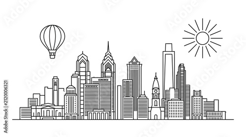 Philadelphia Pennsylvania city skyline minimalist vector line art illustration featuring Liberty Place City Hall and Comcast Center with hot air balloon and sun on white background.