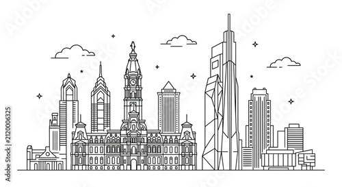 Minimalist black and white line art illustration of Philadelphia skyline featuring City Hall with William Penn statue, One Liberty Place, and Comcast Technology Center under clouds.