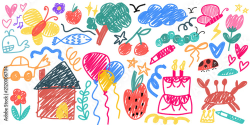 Childlike Hand Drawn Doodle Vector Set with Cute Kids Sketches and Crayon Style Illustrations