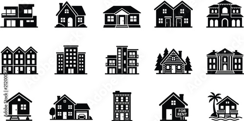 A collection of fifteen black and white vector icons representing various types of residential houses and commercial apartment buildings