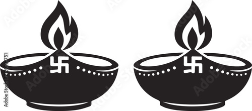 Cuadro en lienzo Two traditional indian oil lamps with fire flames Vector, illustration