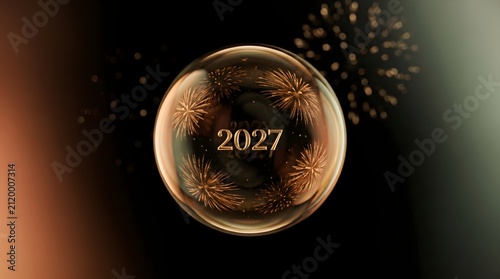 Cinematic 2027 New Year celebration concept with golden fireworks inside a glass crystal ball