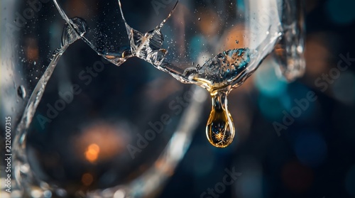 Cinematic macro shot of a golden droplet hanging from a cracked and shattered glass surface with abstract bokeh background