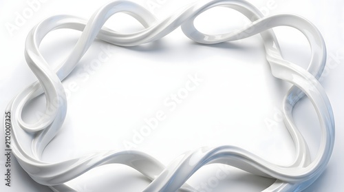 Abstract 3D rendering of smooth white flowing ribbons forming a continuous decorative frame with copy space
