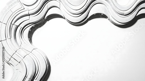 Abstract minimalist white architectural model with flowing wavy lines and dramatic shadows on a clean white background