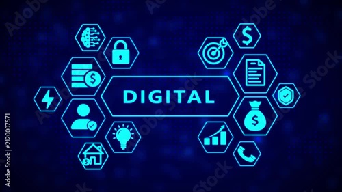 A central hexagonal frame showcases the word DIGITAL, enclosed by a constellation of hexagonal representing finance, technology, and communication on a dark blue digital backdrop with a