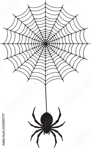 Black spider hanging from a round spider web illustration Vector, illustration