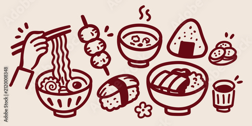 Japanese Food Doodle Sketch Vector Set with Ramen Noodles Sushi Onigiri Dango Skewers Miso Soup Rice Bowl Tea and Traditional Asian Cuisine Hand Drawn Cartoon Illustration
