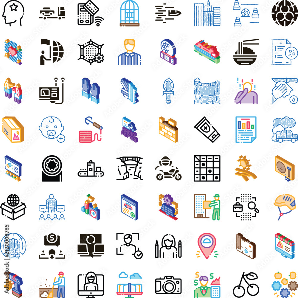 Fototapeta premium Large collection of diverse isometric and outline icons representing various concepts including business, technology, medical, logistics, lifestyle, and creative symbols on a white background