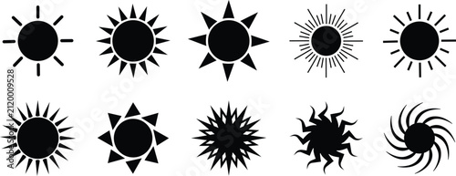 Sun vector icon set in black filled styles. Sunburst rays warmth geometric sunshine brightness light and solar energy vectors illustration symbols for weather app user interface designs concepts.