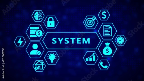 Interconnected hexagonal forming a digital network illustrating system components such as finance, security, and communication on a dark blue dotted background