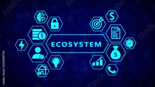 Digital network of hexagonal symbolizing an ecosystem including finance, growth, and communication on a dark blue dotted background