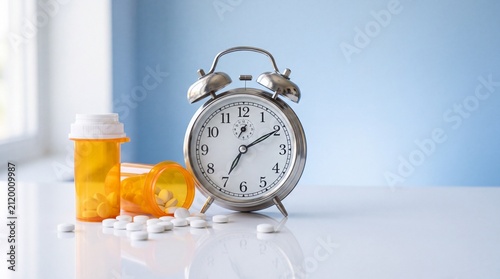 Prescription medication bottles with spilled tablets beside an alarm clock on a blue background, symbolizing medical schedule, time management and urgent healthcare reminder